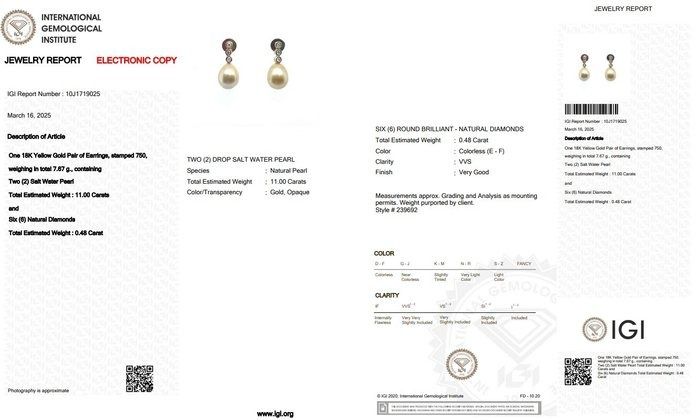 Lustrous 11.48ct Salt Water Pearls and Diamonds Drop Earrings in 18k Yellow Gold - IGI Certified