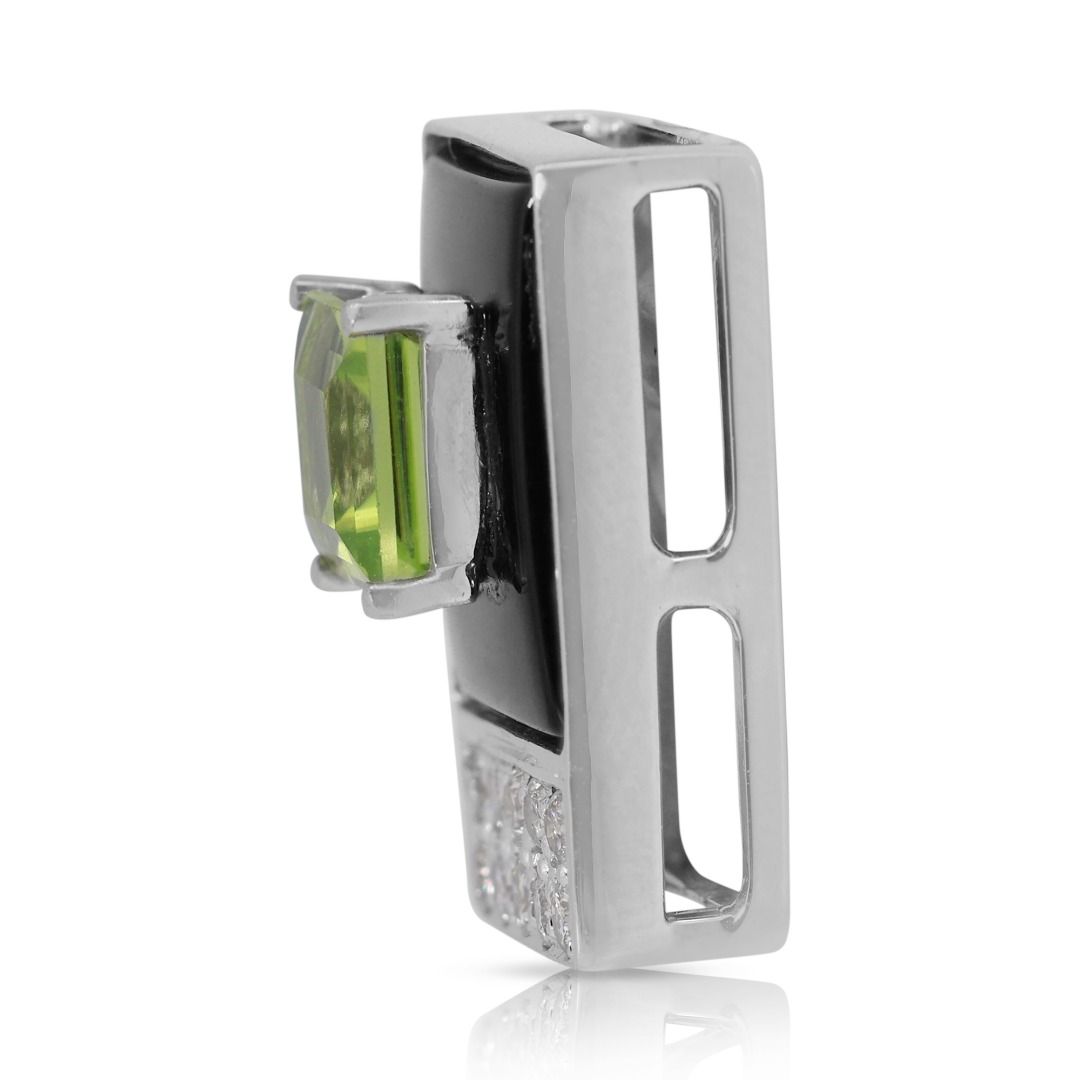 Lustrous 1.35ct Peridot and Diamond Pendant with Onyx in 18K White Gold