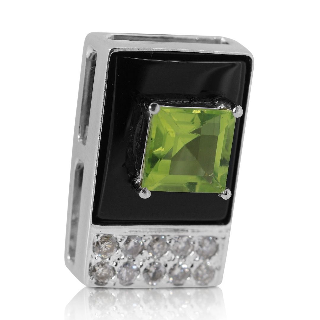Lustrous 1.35ct Peridot and Diamond Pendant with Onyx in 18K White Gold