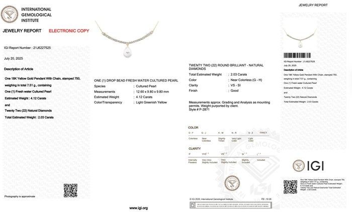 Lustrous 6.15ct Fresh Water Cultured Pearl and Diamonds Necklace in 18k Yellow Gold - IGI Certified