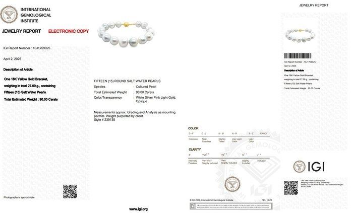 Lustrous 90.00ct Salt Water Cultured Pearls Bracelet in 18k Yellow Gold - IGI Certified