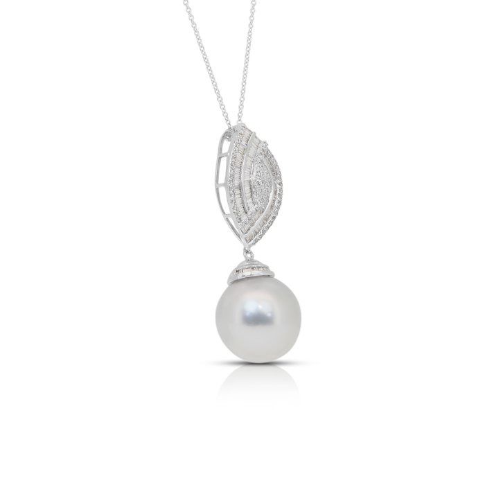 Lustrous 9.20ct Salt Water Pearl and Diamonds Drop Necklace in 18k White Gold - IGI Certified