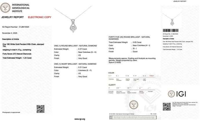 Luxurious 1.23ct Diamonds Necklace with Pendant in 18k White Gold - IGI Certified