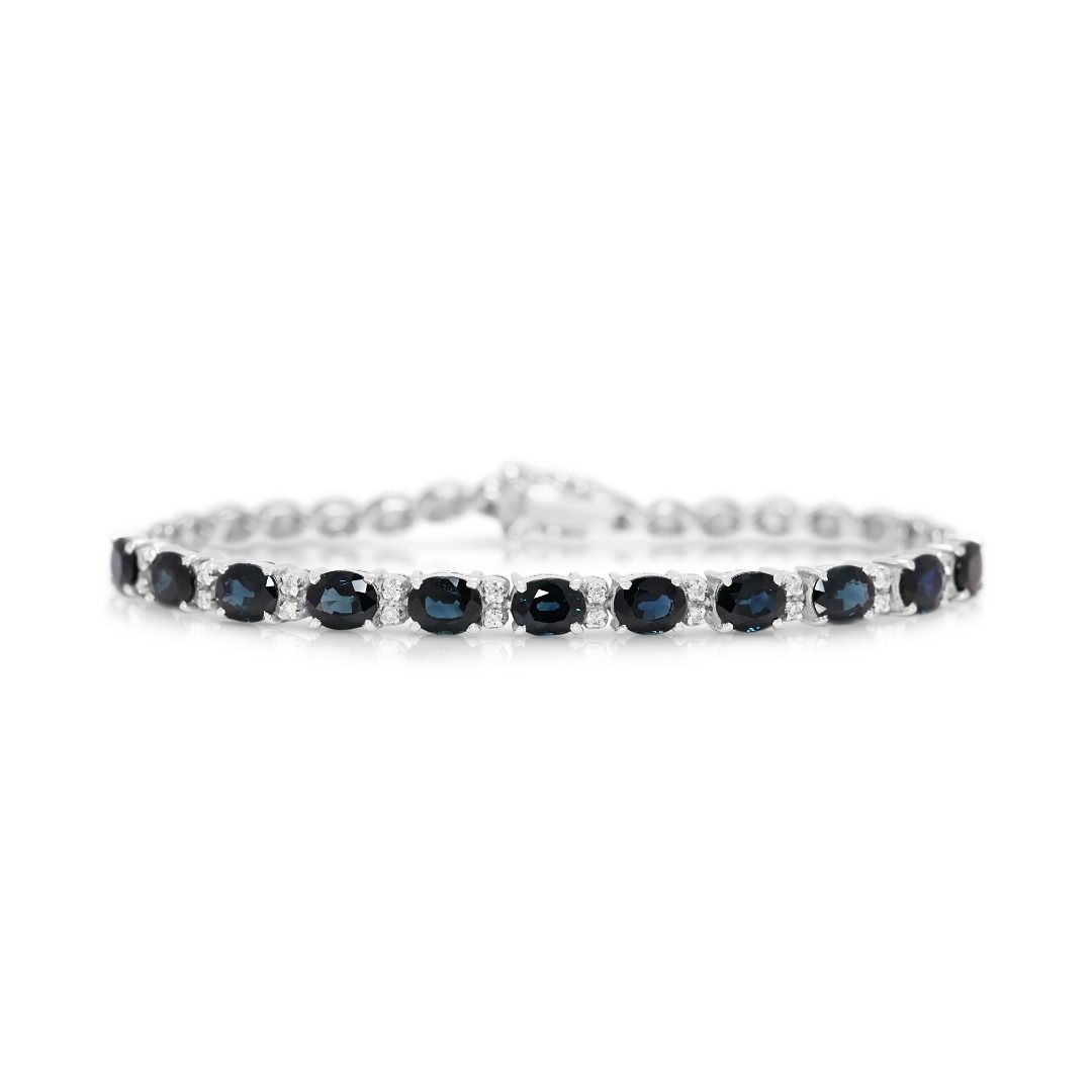 Luxurious 3.02ct Blue Sapphire and Natural Diamond Station Bracelet in 18K White Gold