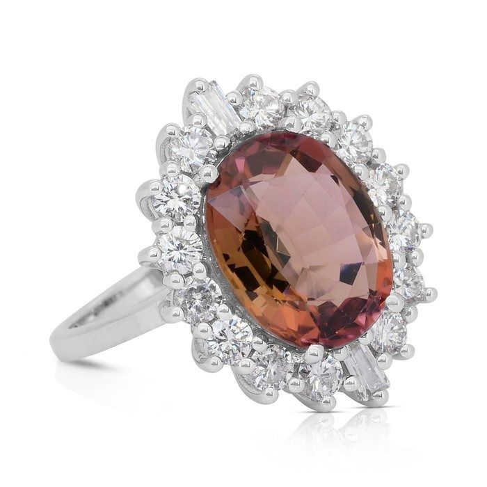 Luxurious 6.39ct Rubellite and Diamonds Cocktail Ring in 14k White Gold - IGI Certified