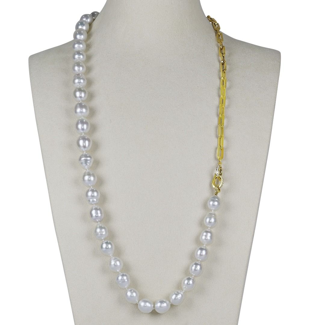 Elegant South Sea Pearl, Black Onyx & 0.40ct Natural Diamond Necklace in 18K Yellow Gold