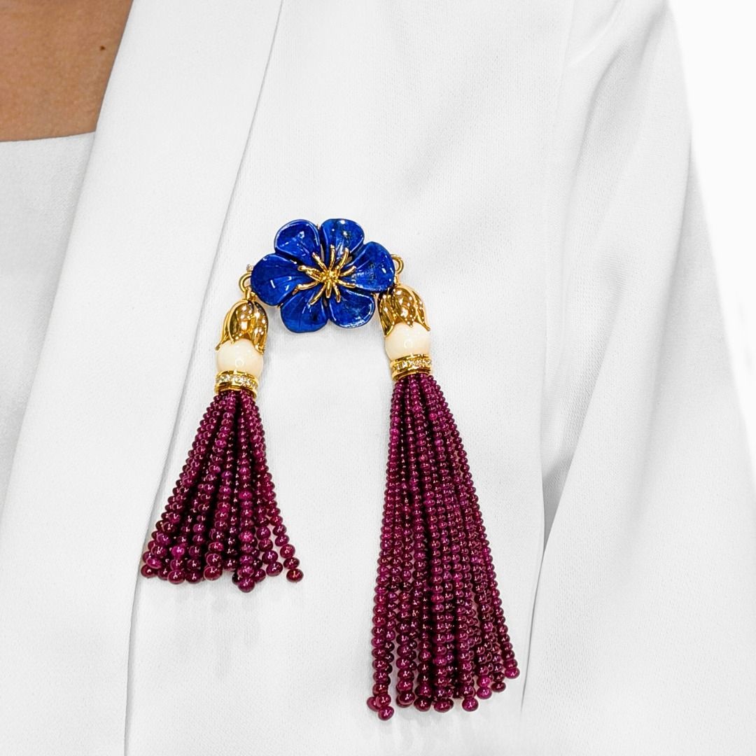 Magnificent 0.72ct Natural Diamond, Lapis & Ruby Bead Brooch in 18K Yellow Gold