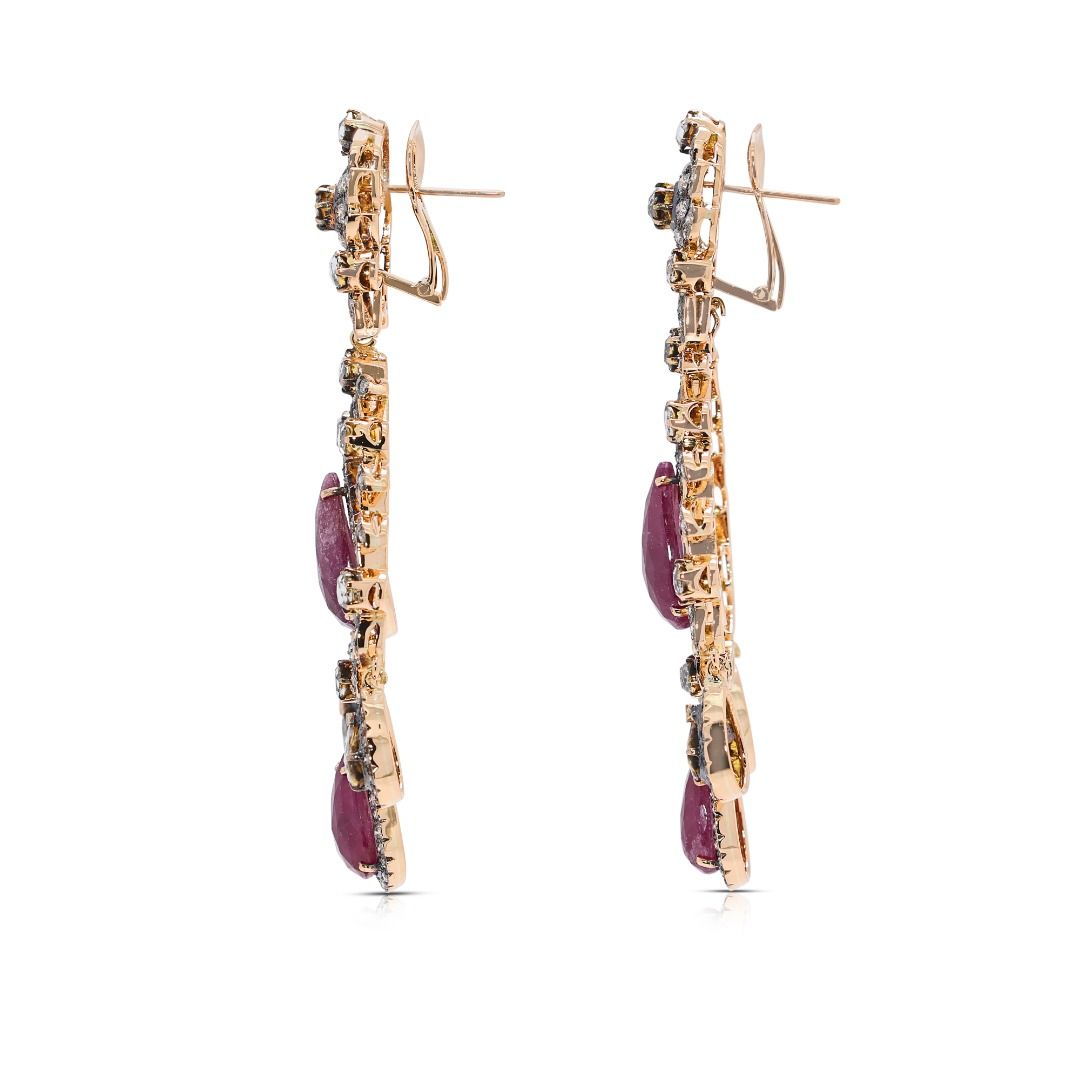 Magnificent 11.62ct Ruby and Champagne Diamond Chandelier Earrings in 18k Two-Toned Gold