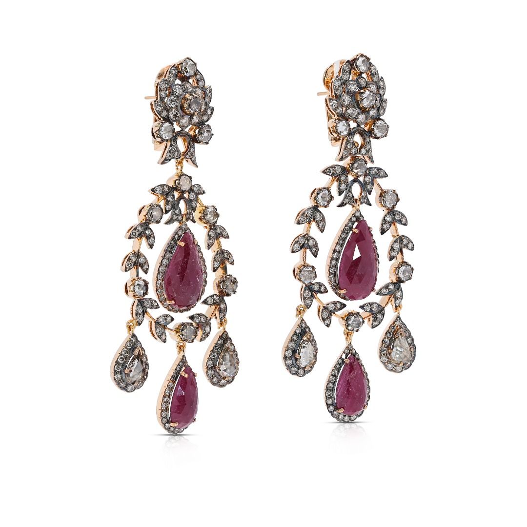 Magnificent 11.62ct Ruby and Champagne Diamond Chandelier Earrings in 18k Two-Toned Gold