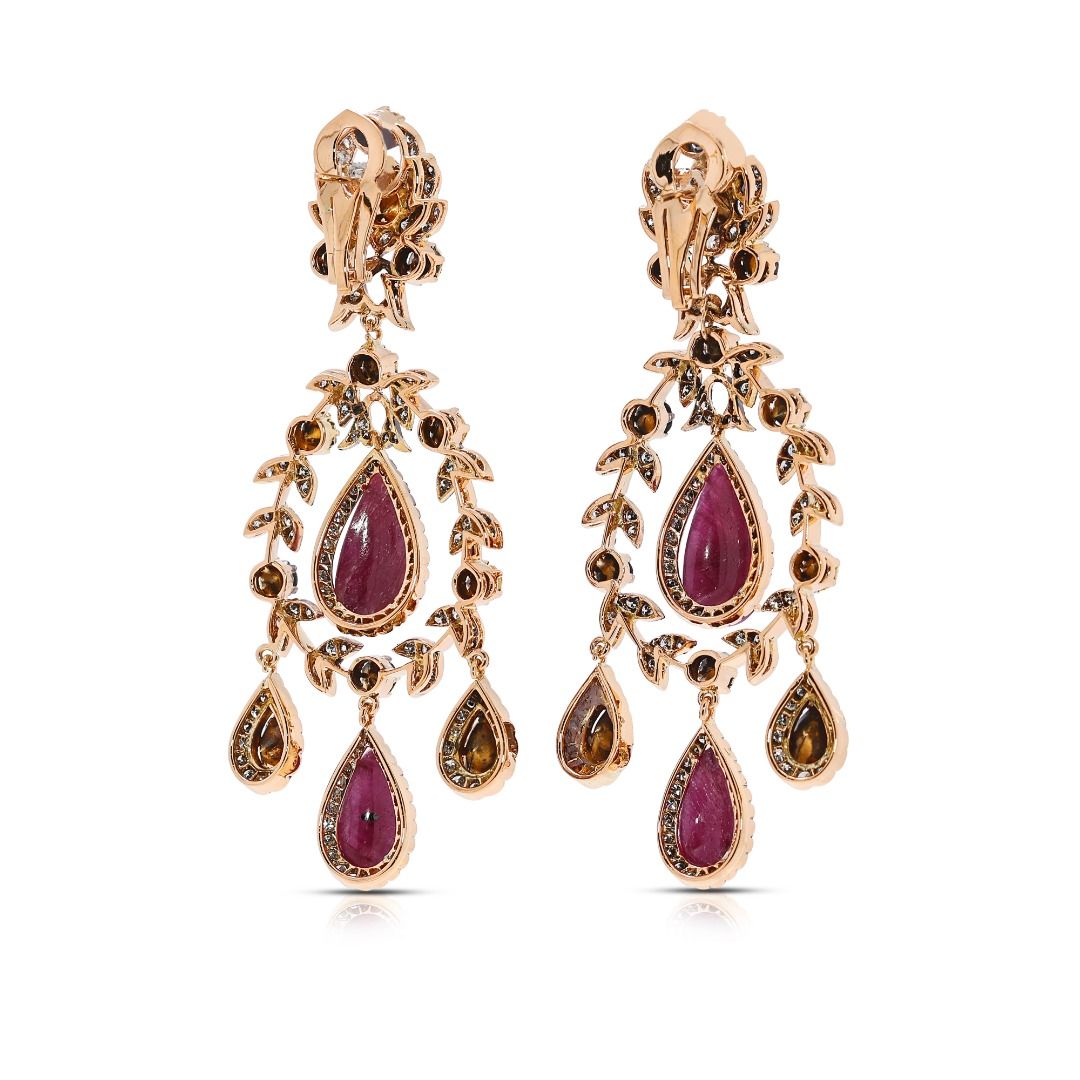 Magnificent 11.62ct Ruby and Champagne Diamond Chandelier Earrings in 18k Two-Toned Gold