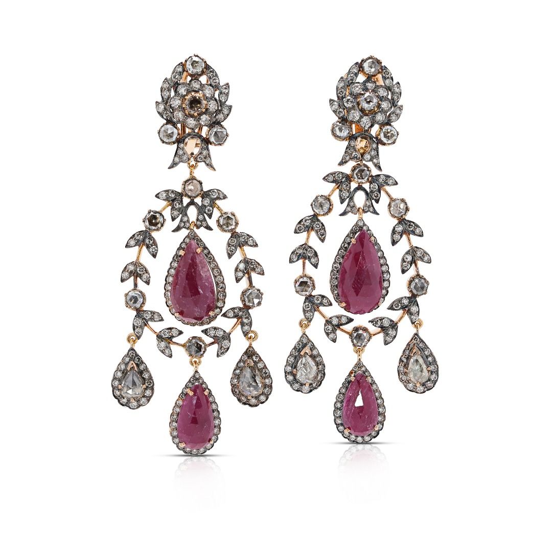Magnificent 11.62ct Ruby and Champagne Diamond Chandelier Earrings in 18k Two-Toned Gold