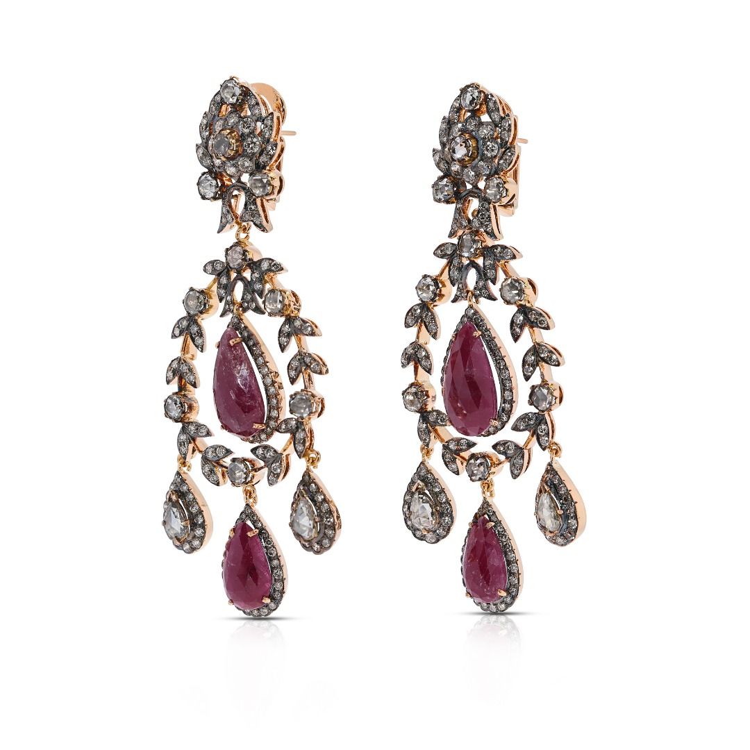 Magnificent 11.62ct Ruby and Champagne Diamond Chandelier Earrings in 18k Two-Toned Gold