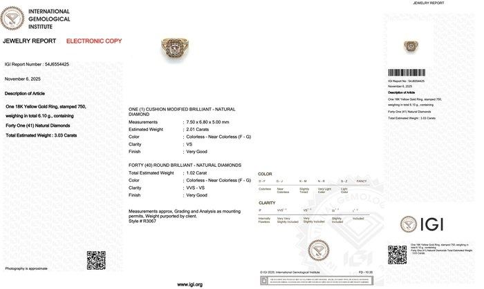 Magnificent 3.03ct Diamonds Cocktail Ring in 18k Yellow Gold - IGI Certified