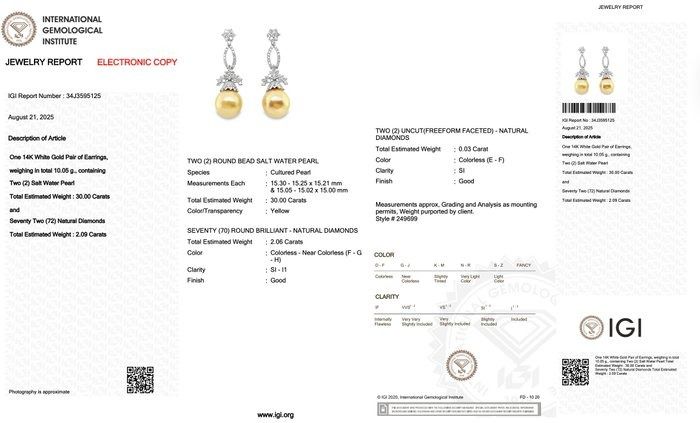 Magnificent 32.09ct Salt Water Pearl and Diamonds Drop Earrings in 14k White Gold - IGI Certified