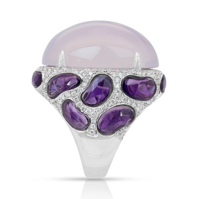 Magnificent 42.66ct Chalcedony, Amethysts, and Diamonds Cocktail Ring in 18k White Gold - IGI Certified