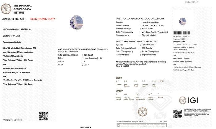 Magnificent 42.66ct Chalcedony, Amethysts, and Diamonds Cocktail Ring in 18k White Gold - IGI Certified