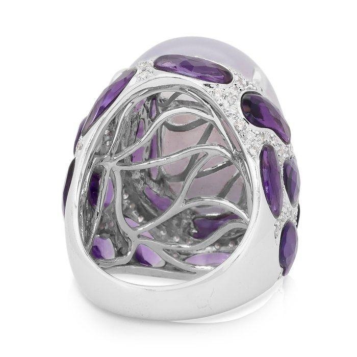 Magnificent 42.66ct Chalcedony, Amethysts, and Diamonds Cocktail Ring in 18k White Gold - IGI Certified