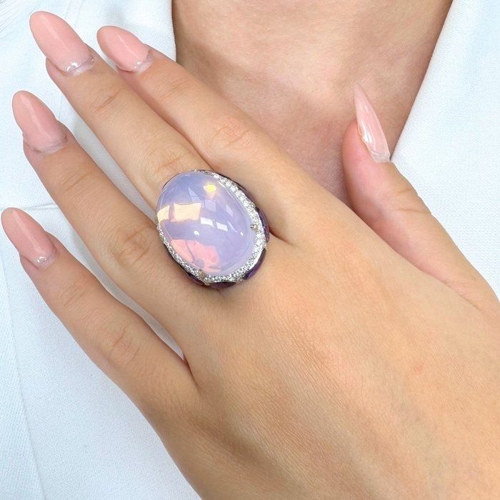 Magnificent 42.66ct Chalcedony, Amethysts, and Diamonds Cocktail Ring in 18k White Gold - IGI Certified