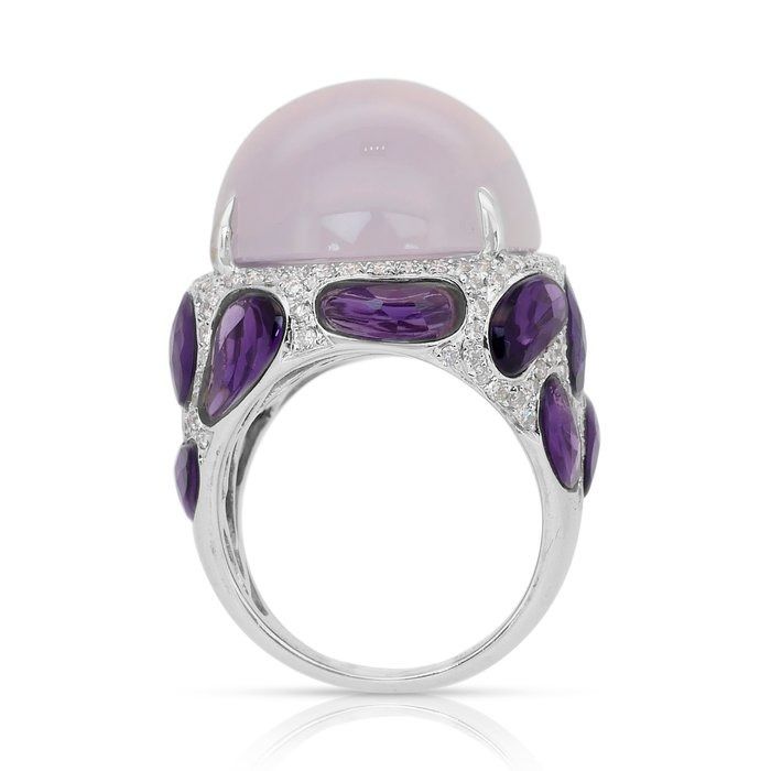Magnificent 42.66ct Chalcedony, Amethysts, and Diamonds Cocktail Ring in 18k White Gold - IGI Certified