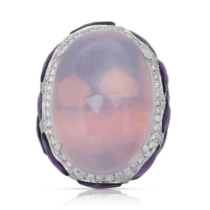 Magnificent 42.66ct Chalcedony, Amethysts, and Diamonds Cocktail Ring in 18k White Gold - IGI Certified