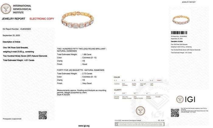 Magnificent 4.61ct Diamonds Bracelet in 18k Rose Gold - IGI Certified