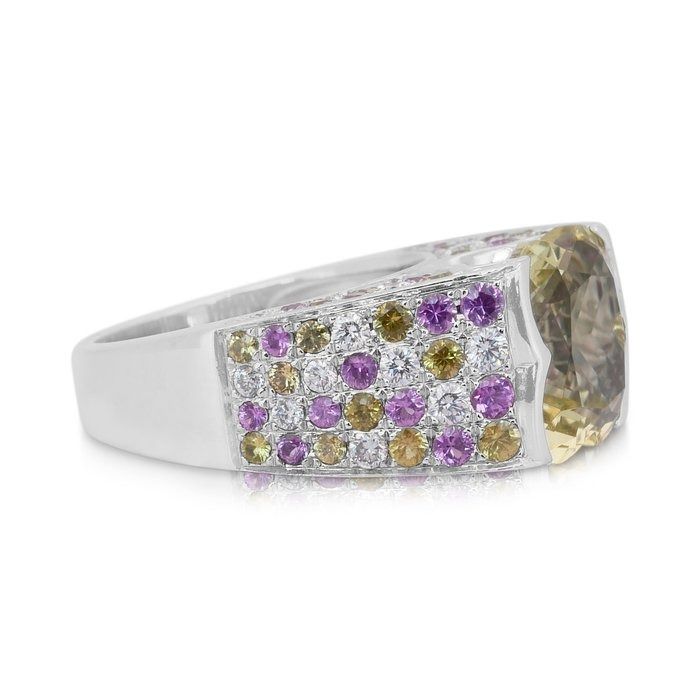 Magnificent 6.60ct Citrine, Sapphires, and Diamonds Cocktail Ring in 18k White Gold - IGI Certified