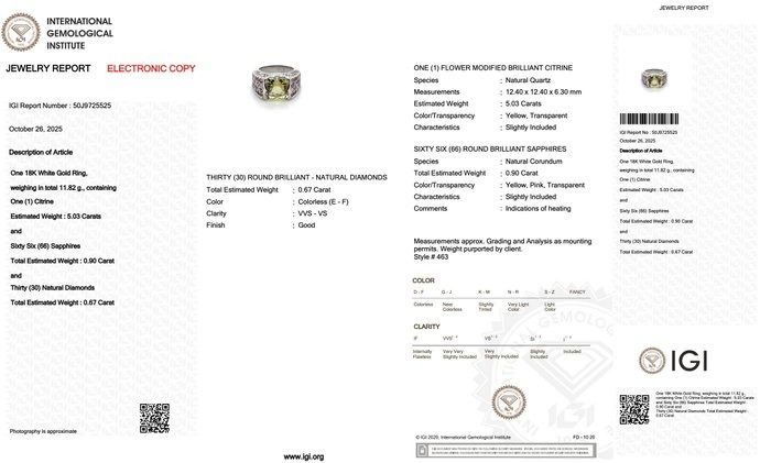 Magnificent 6.60ct Citrine, Sapphires, and Diamonds Cocktail Ring in 18k White Gold - IGI Certified