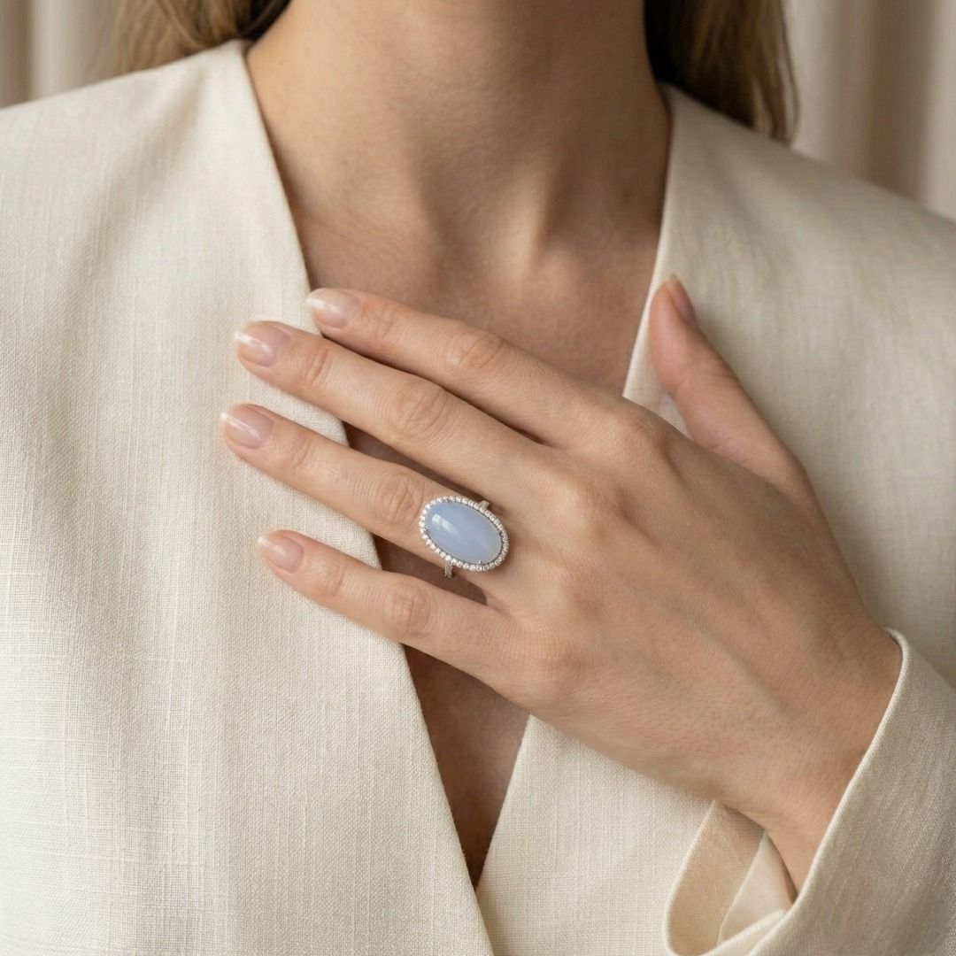 Majestic 0.55ct Diamond & Purple Jade Cocktail Ring in 18K White Gold