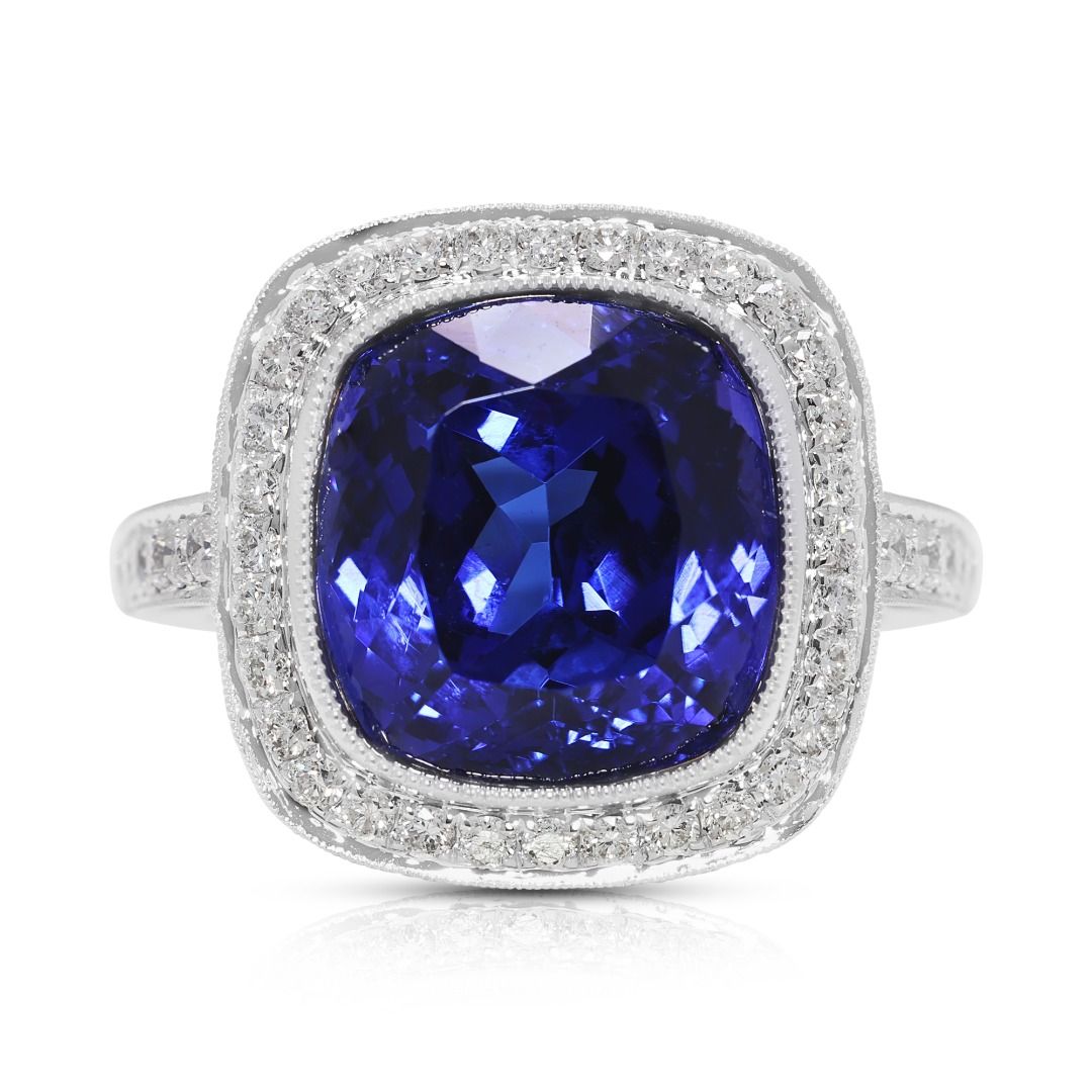 Majestic 12.57ct Tanzanite and Diamond Halo Statement Ring in 18k White Gold - NGI Certified