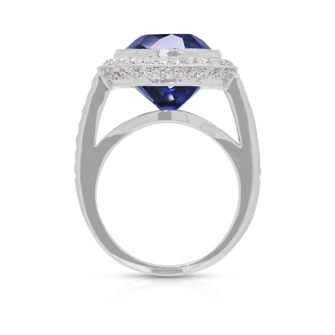 Majestic 12.57ct Tanzanite and Diamond Halo Statement Ring in 18k White Gold - NGI Certified