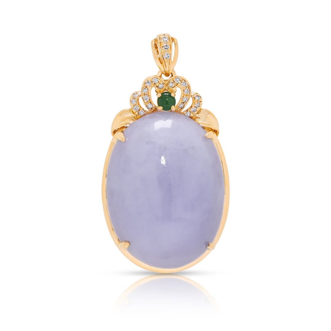 Majestic 26.98ct Natural Diamond and Cabochon Purple Jade Statement Pendant in 18k Yellow Gold