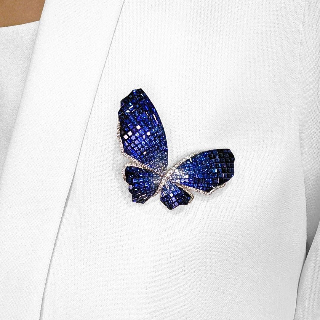 Majestic 39.18ct Invisible-Set Sapphire and Diamond Butterfly Brooch in 18K White Gold