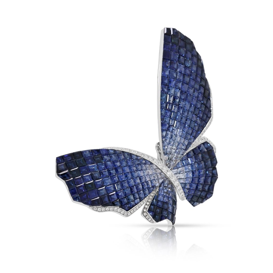Majestic 39.18ct Invisible-Set Sapphire and Diamond Butterfly Brooch in 18K White Gold