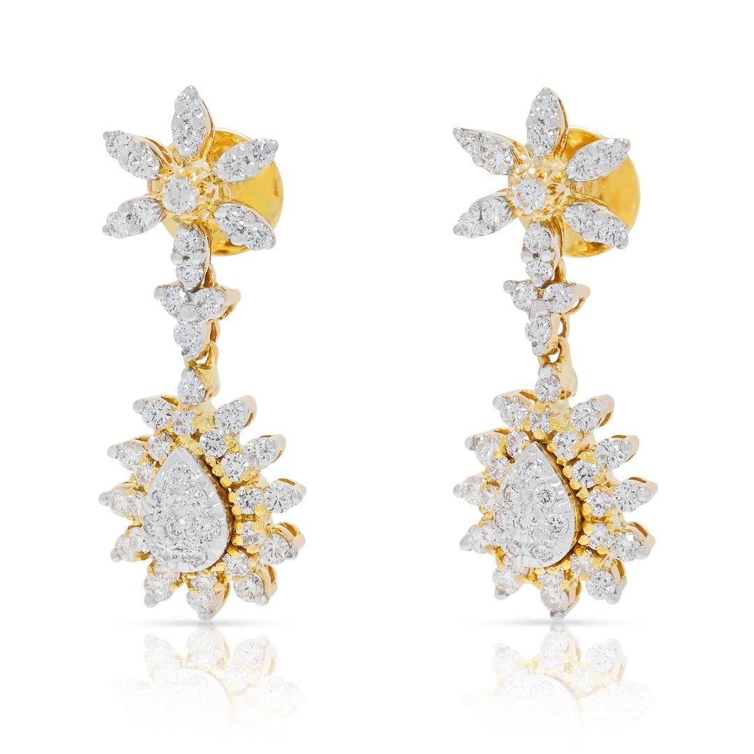 Mesmerizing 1.00ct Natural Diamond Floral Drop Earrings 18K Two-Tone Gold - IGI Certified