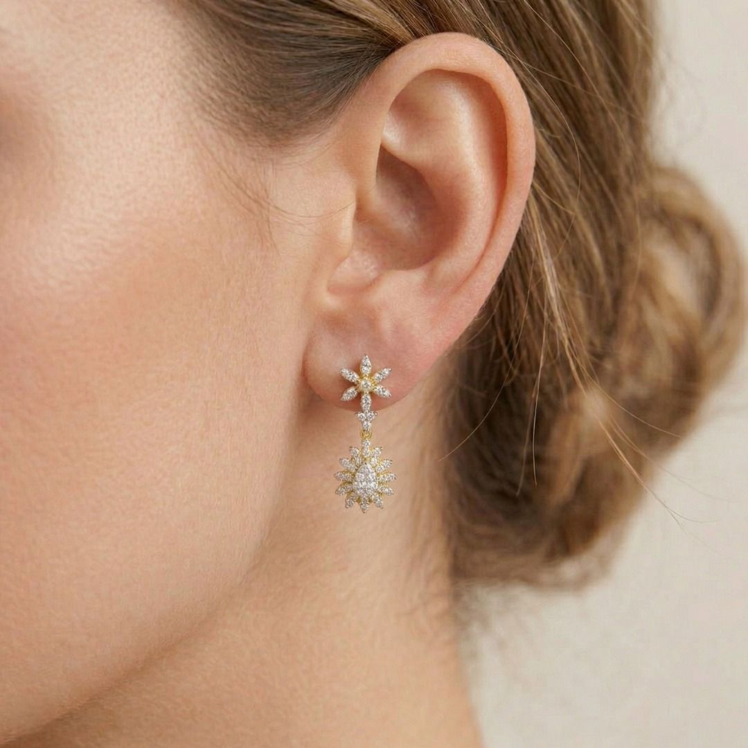 Mesmerizing 1.00ct Natural Diamond Floral Drop Earrings 18K Two-Tone Gold - IGI Certified