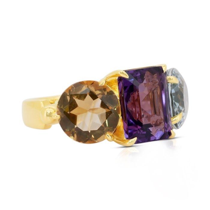 Mesmerizing 17.50ct Amethyst, Topaz, and Citrine 3-Stone Ring in 18k Yellow Gold - IGI Certified