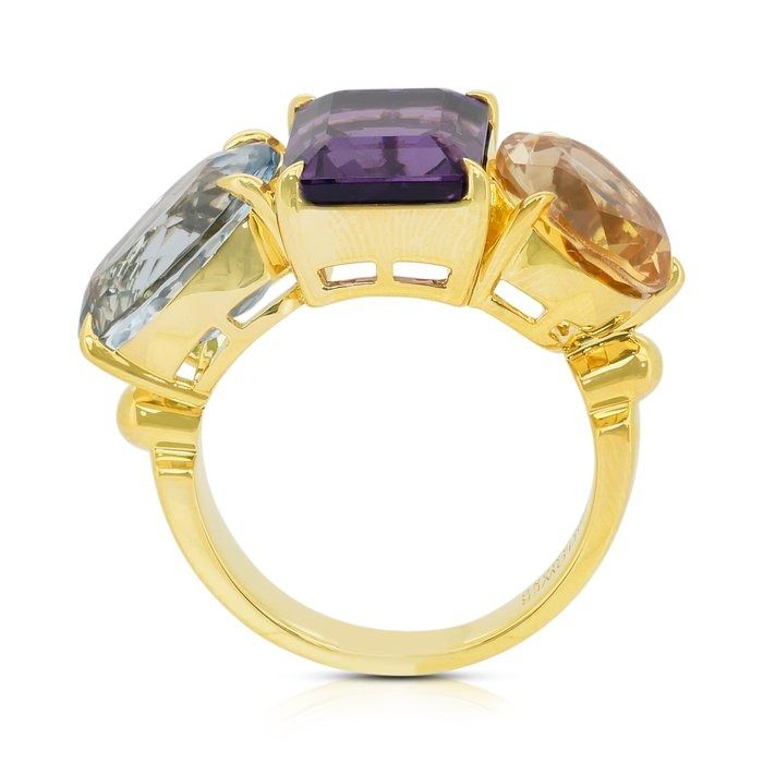 Mesmerizing 17.50ct Amethyst, Topaz, and Citrine 3-Stone Ring in 18k Yellow Gold - IGI Certified
