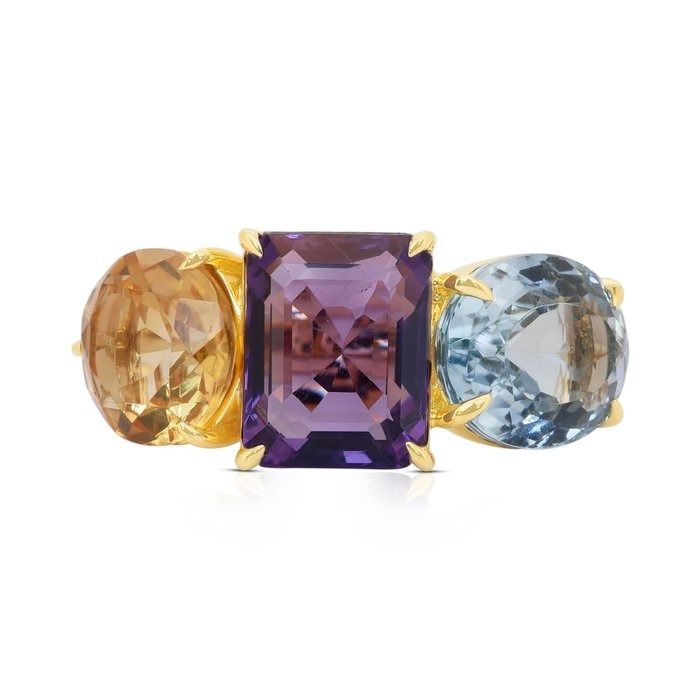 Mesmerizing 17.50ct Amethyst, Topaz, and Citrine 3-Stone Ring in 18k Yellow Gold - IGI Certified