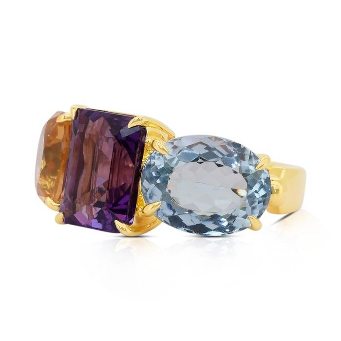 Mesmerizing 17.50ct Amethyst, Topaz, and Citrine 3-Stone Ring in 18k Yellow Gold - IGI Certified