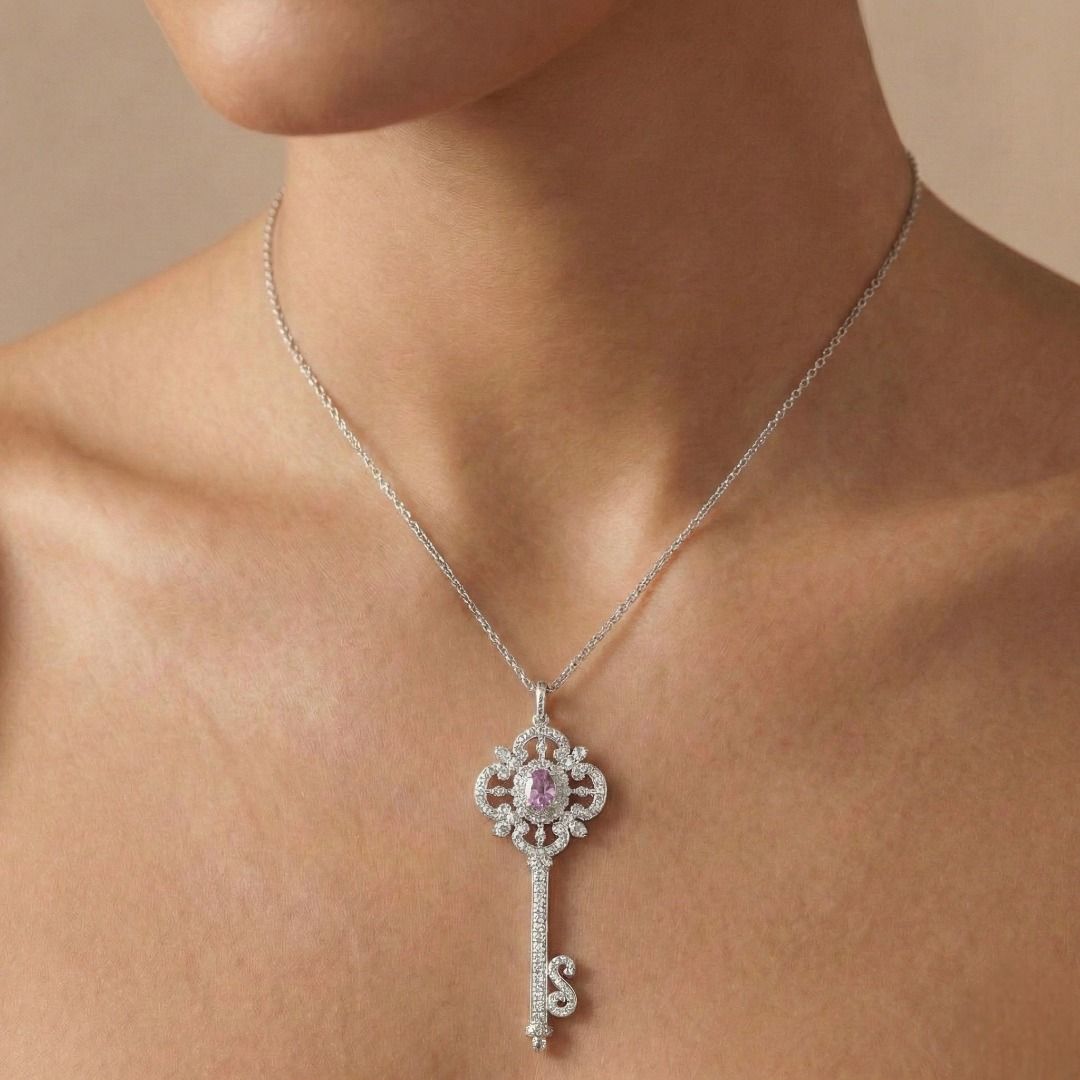 Meyson 1.33ct Pink Sapphire and Diamond Ornate Key Pendant in 9K White Gold