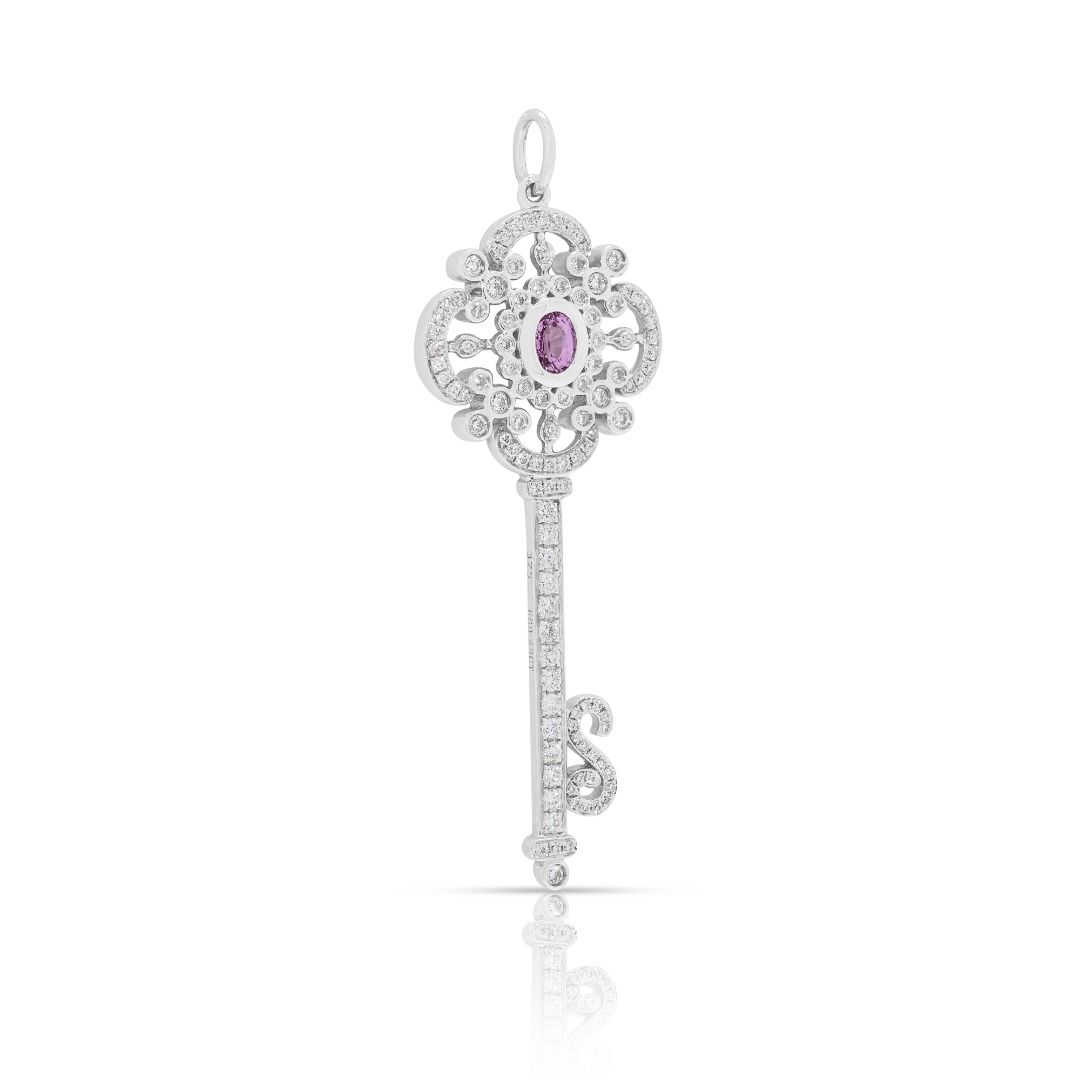 Meyson 1.33ct Pink Sapphire and Diamond Ornate Key Pendant in 9K White Gold
