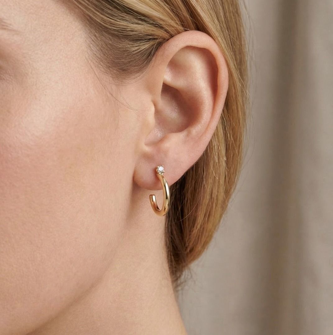 Minimalist 0.06ct Natural Diamond Hoop Earrings in 14K Yellow Gold