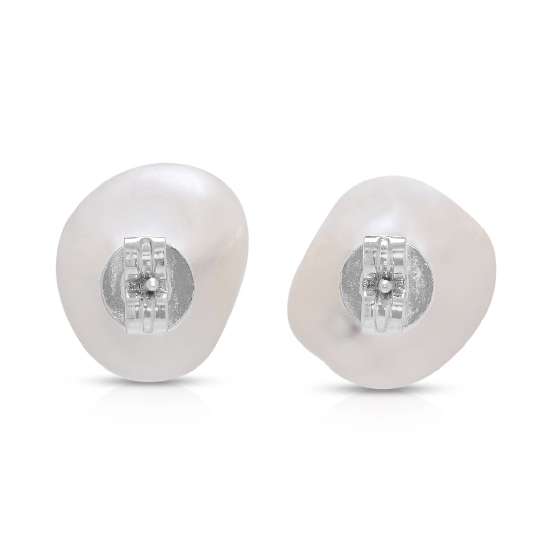 Minimalist 11-15mm Baroque White Pearl Stud Earrings in 18K White Gold