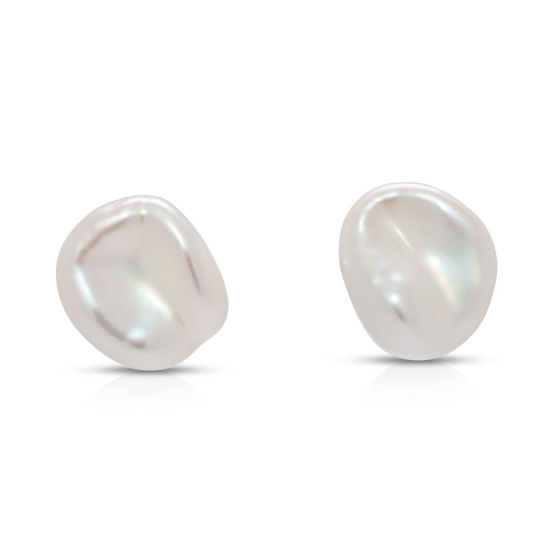 Minimalist 11-15mm Baroque White Pearl Stud Earrings in 18K White Gold