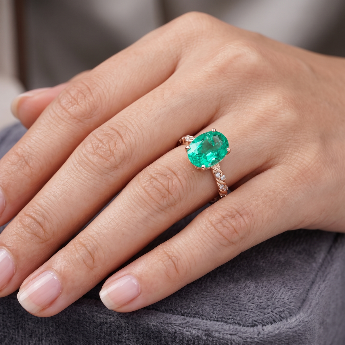 Enchanting 1.65ct Lab-Grown Emerald and 0.10ct Natural Diamond Pave Ring in 14K Rose Gold