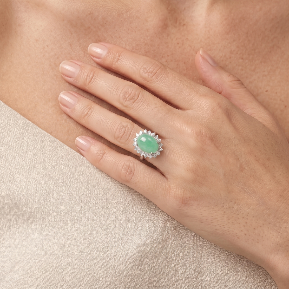 Exquisite Natural Fei Cui Jadeite Jade and 0.36ct Natural Diamond Halo Ring in 14K White Gold - NGI Certified