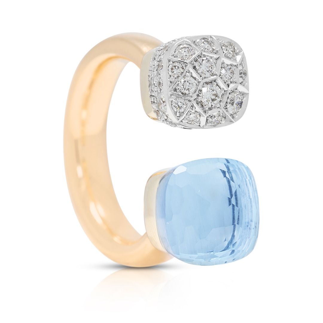 New 9ct Light Blue Topaz with 0.75ct Diamond Pomellato Nudo Ring in 18K Two-Tone Gold