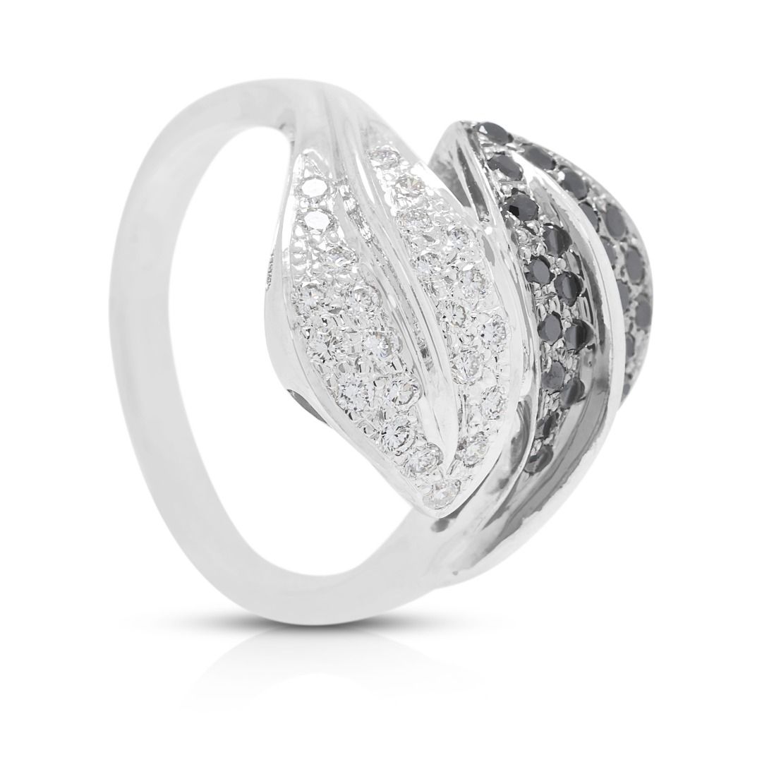 Noir 0.80ct Natural Black and White Diamond Leaf Bypass Ring in 18K White Gold
