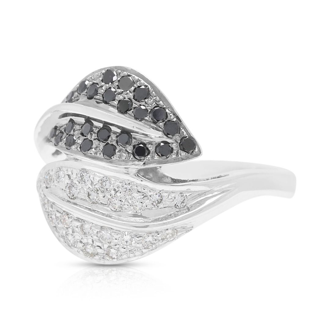 Noir 0.80ct Natural Black and White Diamond Leaf Bypass Ring in 18K White Gold