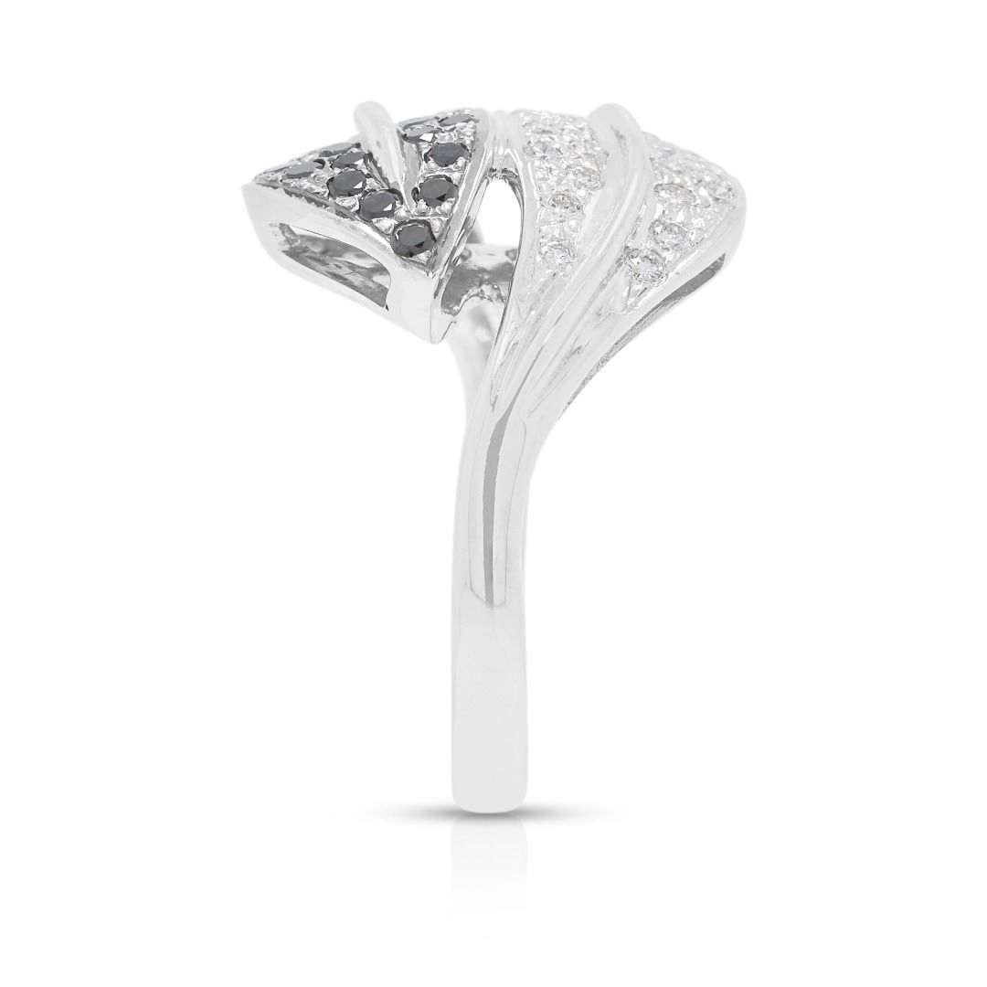 Noir 0.80ct Natural Black and White Diamond Leaf Bypass Ring in 18K White Gold